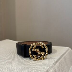 Gucci Black Leather Belt with Gold Studded Buckle